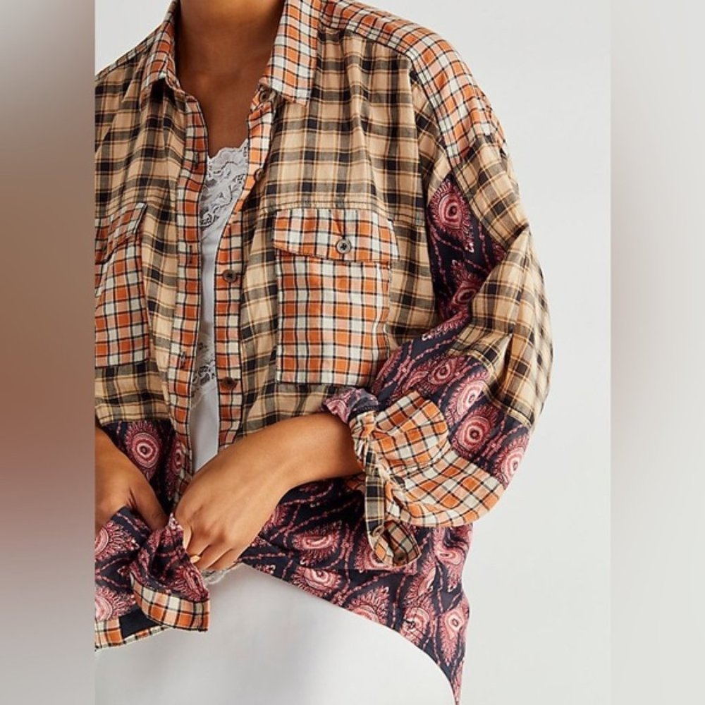 We the Free People High Seas Mixed Cotton Top Button Down Blouse Patterned Boho